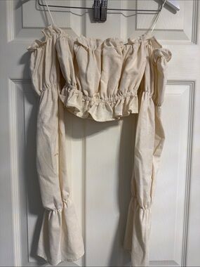 Agora Cream Off-Shoulder Ruffle linen Crop Top